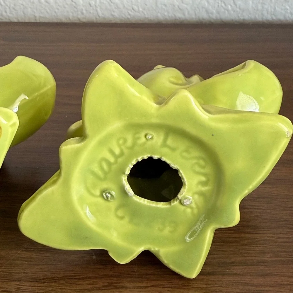 Vintage Chartreuse Green Ceramic Tulips Floral Candle Holder Set of 2 MCM READ